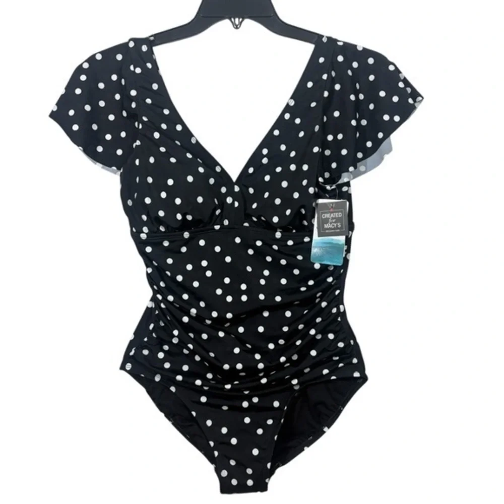 Swim Solutions NWT $102 Women's Flutter-Sleeve Polka‎ Dot One-Piece Swimsuit 12 - Picture 2 of 10